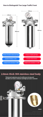 Food Grade 304 Stainless Steel Pre Filter 40 Microns 10Tons Whole House Water Treatment System