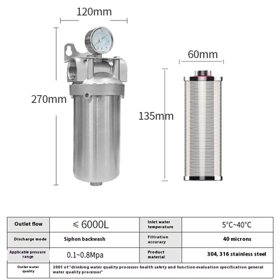 Home Stainless Steel Sediment Water Filter 6000L for Cold And Hot Water